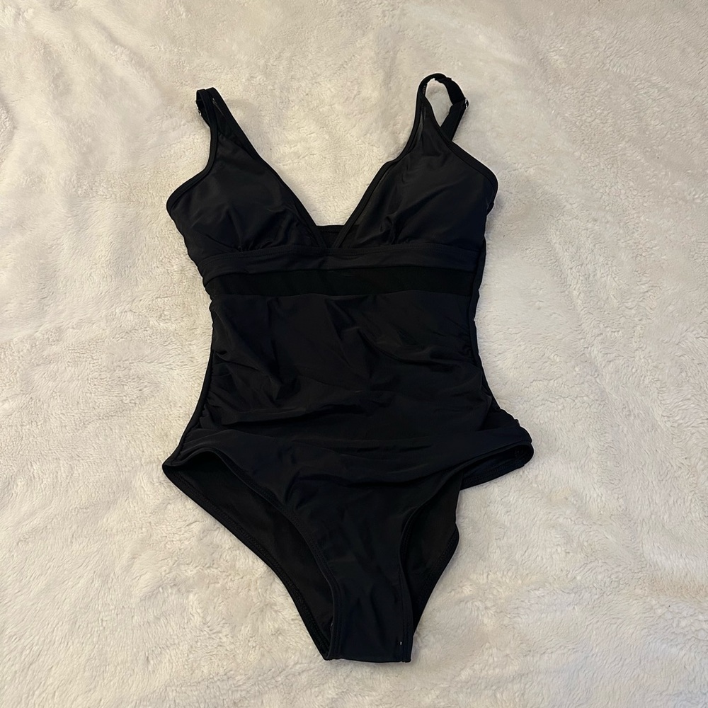 Black V-Neck One-Piece Swimsuit | Size M